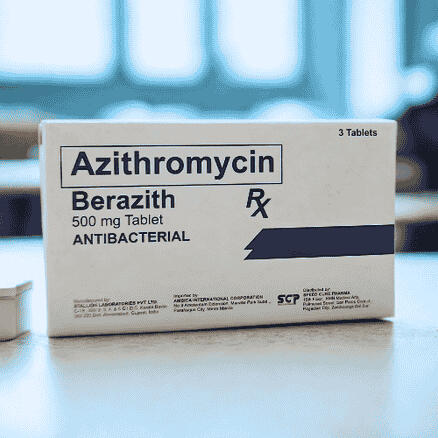 Product photo of Berazith (Azithromycin Besylate) 500mg tablets, packaged in blister packs with 3 tablets per box.