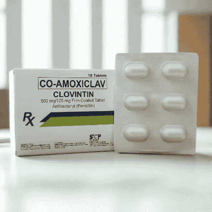 Product photo of Clovintin (Co-Amoxiclav) 500mg/125mg tablets, packaged in blister packs with 18 tablets per box.