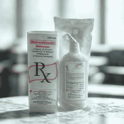 Product photo of Metrocor (Metronidazole) 5mg/ml IV infusion solution, packaged in a single LDPE bottle per box.