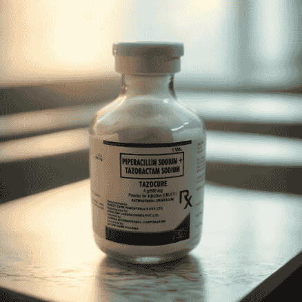 Product photo of Tazocure (Piperacillin–Tazobactam) 4g/0.5g injection powder, packaged in a single vial per box.