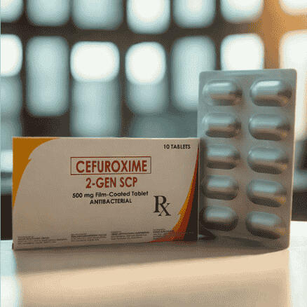 Product photo of 2-Gen SCP 500 (Cefuroxime Axetil) 500mg film-coated tablets, packaged in blister packs with 10 tablets per box.