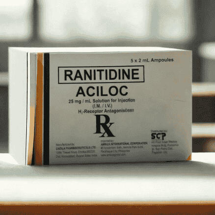 Product photo of Aciloc (Ranitidine Hydrochloride) 25mg/ml injection solution, packaged with 5 ampoules per box.