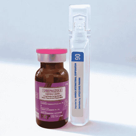 Product photo of Omemac-GERD (Omeprazole) 40mg capsules, packaged in blister packs with 30 capsules per box.