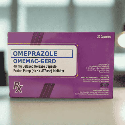 Product photo of Omemac-GERD (Omeprazole Sodium) 40mg injection powder, supplied with 10ml sterile water in a single vial per box.