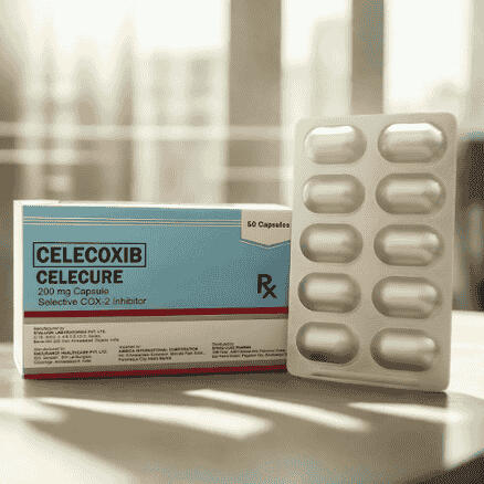 Product photo of Celecure (Celecoxib) 200mg capsules, packaged in blister packs with 50 capsules per box.