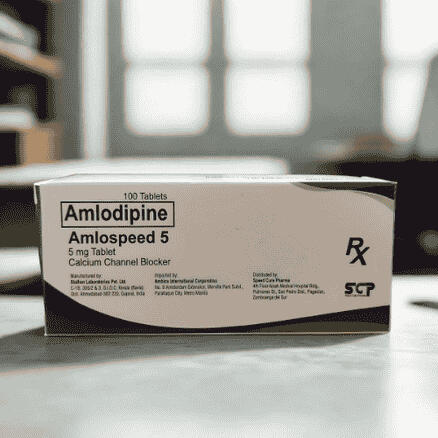 Product photo of Amlospeed 5mg (Amlodipine) film-coated tablets, packaged in a blister pack with 100 tablets per box.