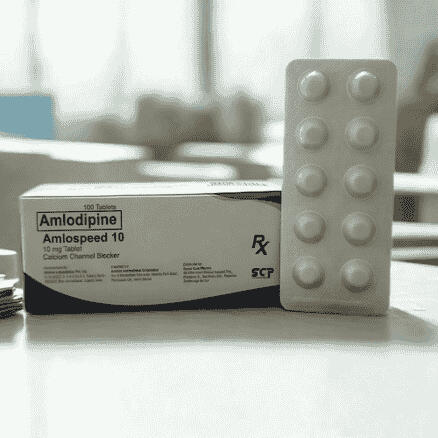 Product photo of Amlospeed 10mg (Amlodipine) film-coated tablets, packaged in a blister pack with 100 tablets per box.