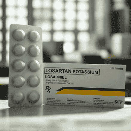 Product photo of Losarniel (Losartan Potassium) 50mg film-coated tablets, packaged in blister packs with 100 tablets per box.